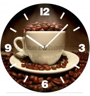 Nástěnné skleněné hodiny: Šálek s kávovými zrnky - 30 cm