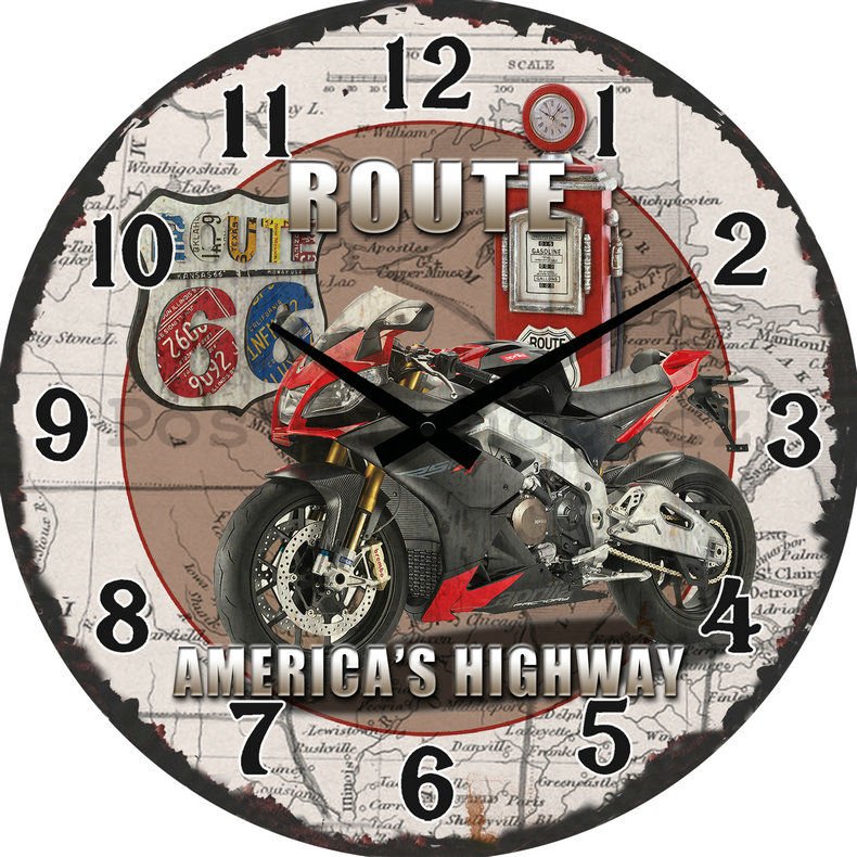 Nástěnné skleněné hodiny: Route 66 America's Highway - 34 cm