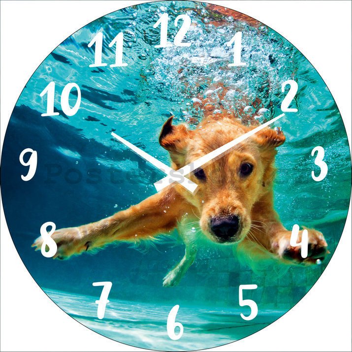 Nástěnné skleněné hodiny: Pes pod vodou - 34 cm