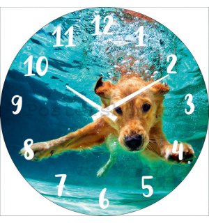 Nástěnné skleněné hodiny: Pes pod vodou - 34 cm