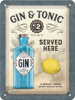Plechová cedule: Gin & Tonic Served Here - 15x20 cm