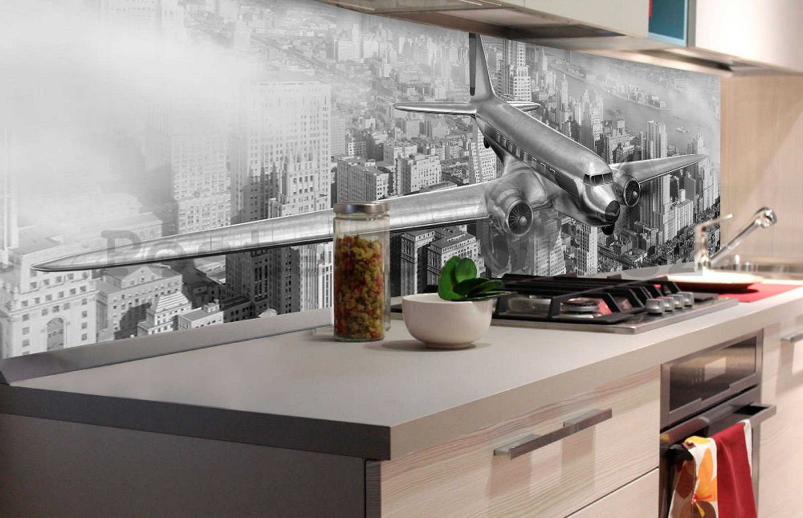 Samolepící omyvatelná fototapeta za kuchyňskou linku - Čerobílé letadlo, 180x60 cm