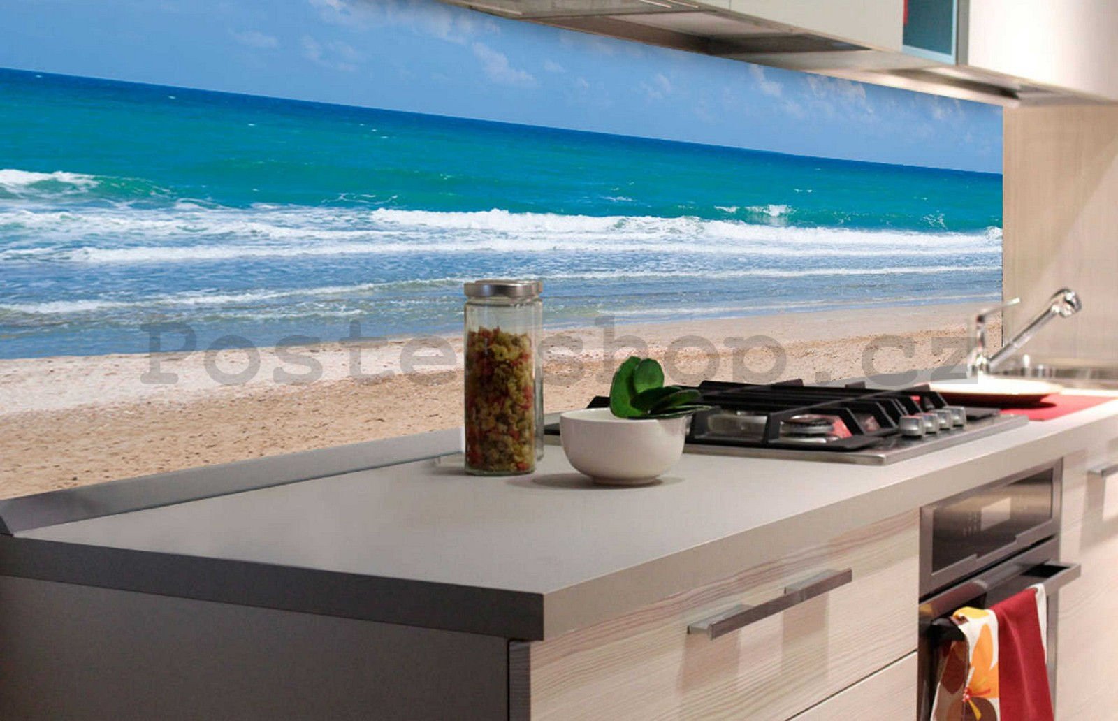 Samolepící omyvatelná tapeta za kuchyňskou linku - Vlny na pláži, 180x60 cm