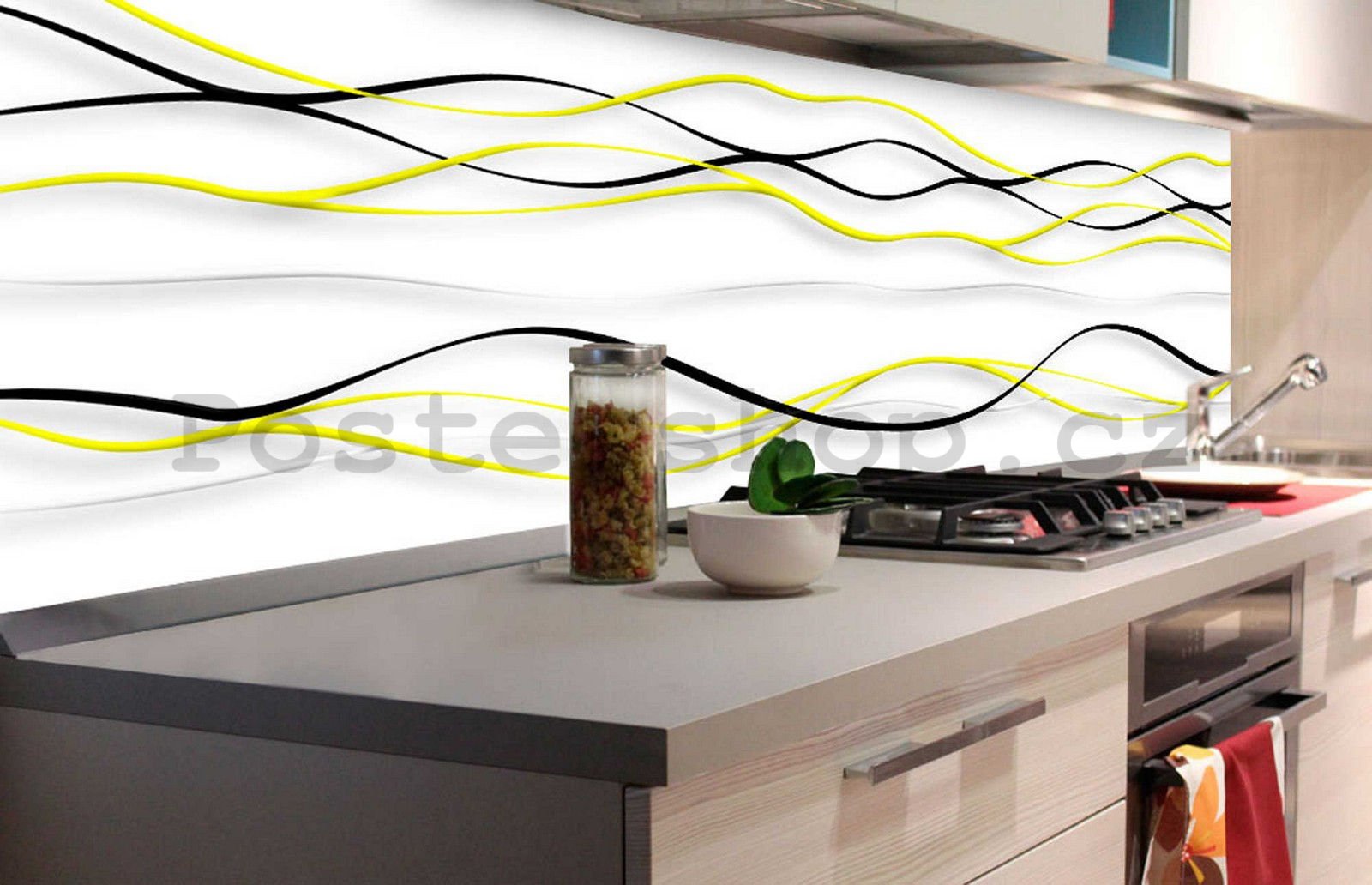 Samolepící omyvatelná tapeta za kuchyňskou linku - Černé a žluté vlnky, 180x60 cm