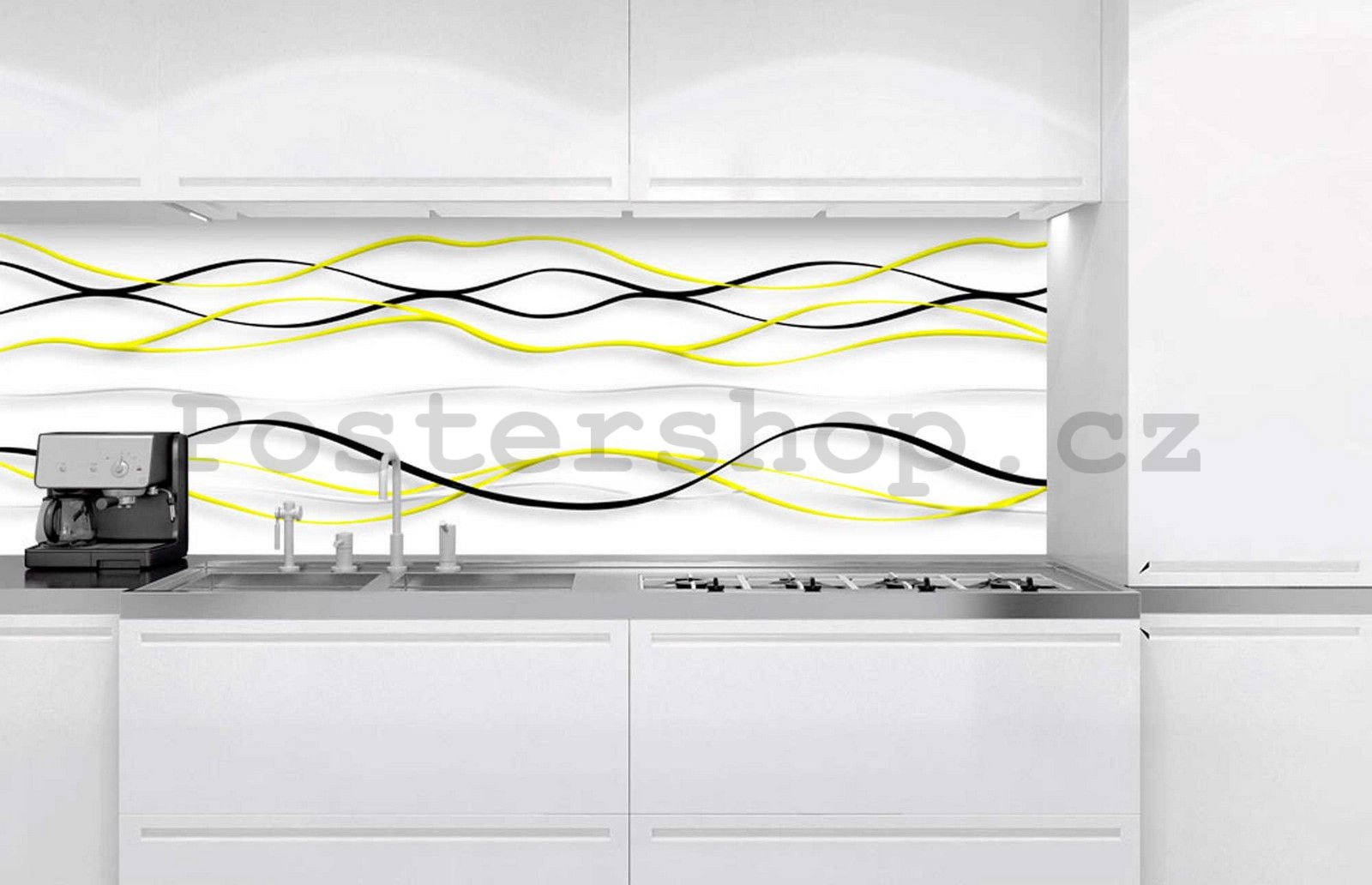 Samolepící omyvatelná tapeta za kuchyňskou linku - Černé a žluté vlnky, 180x60 cm