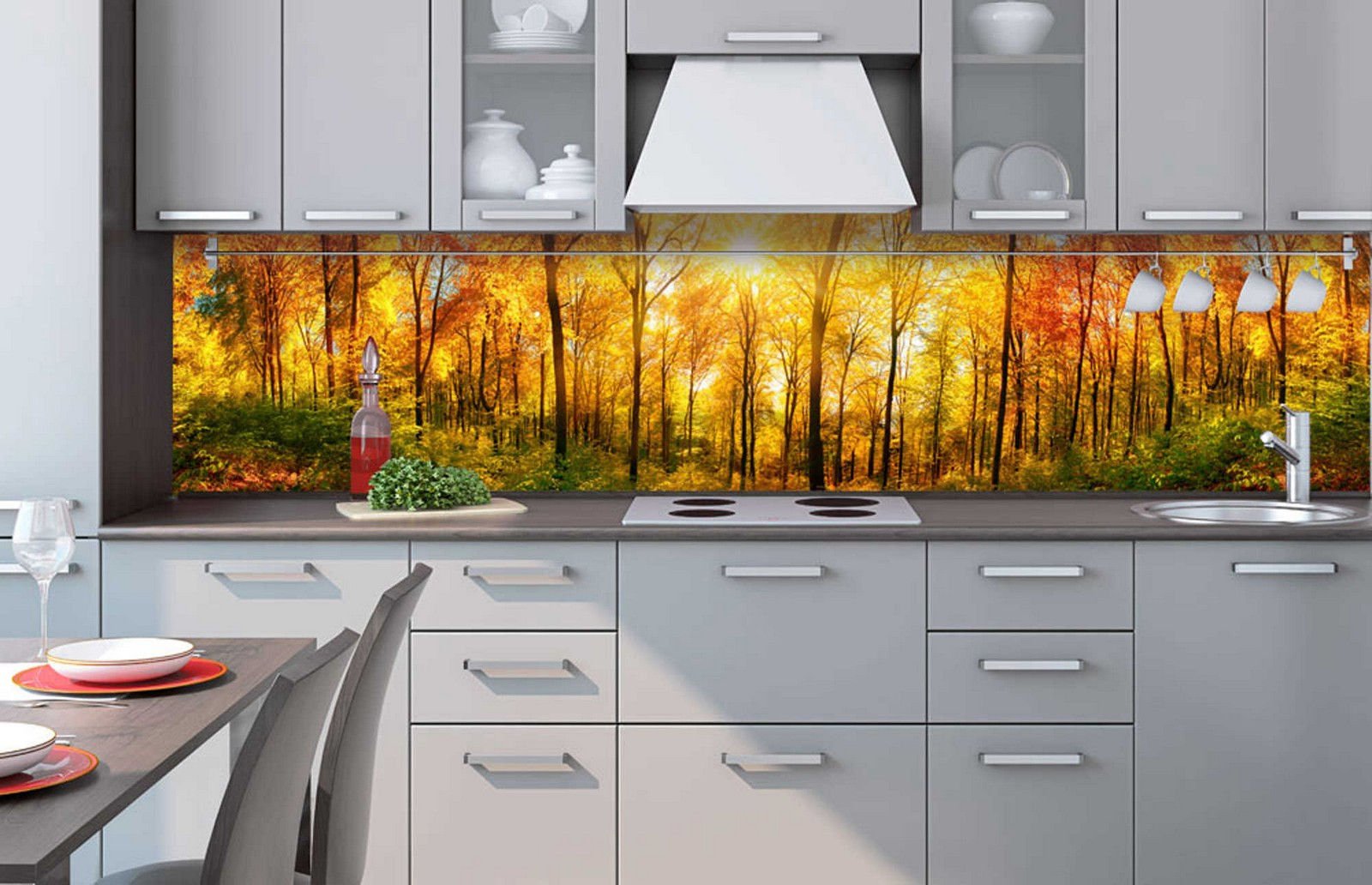 Samolepící omyvatelná tapeta za kuchyňskou linku - Podzimní slunce v lese, 260x60 cm