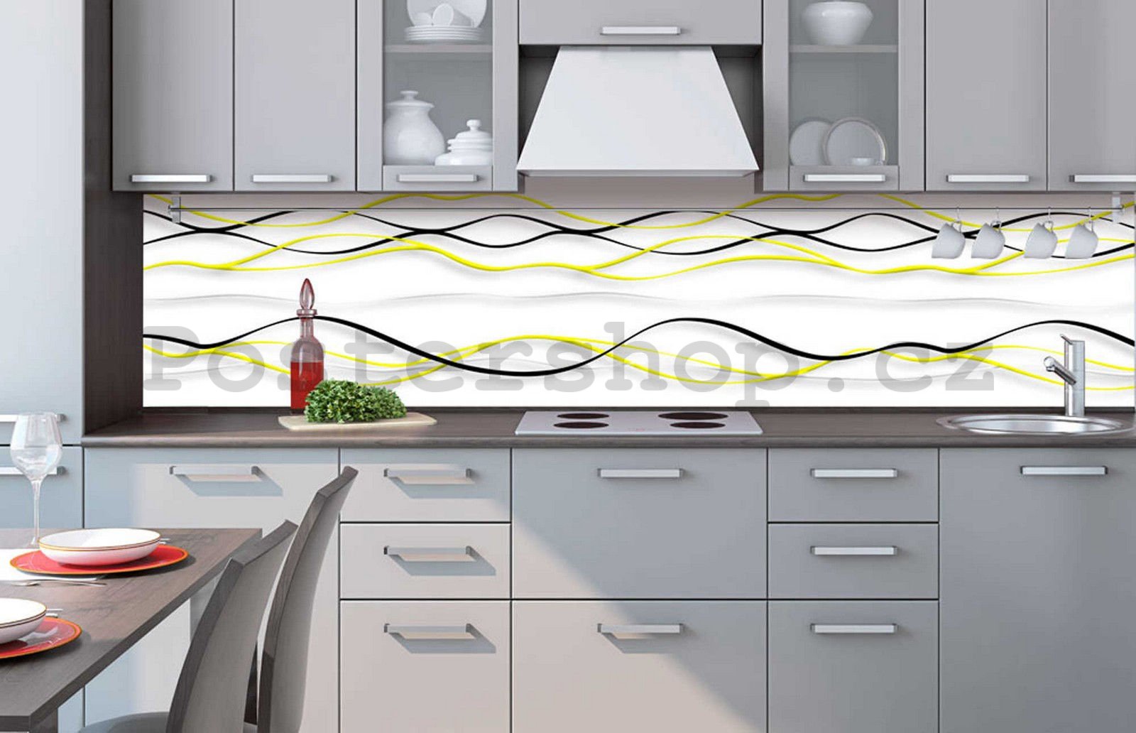 Samolepící omyvatelná tapeta za kuchyňskou linku - Černé a žluté vlnky, 260x60 cm