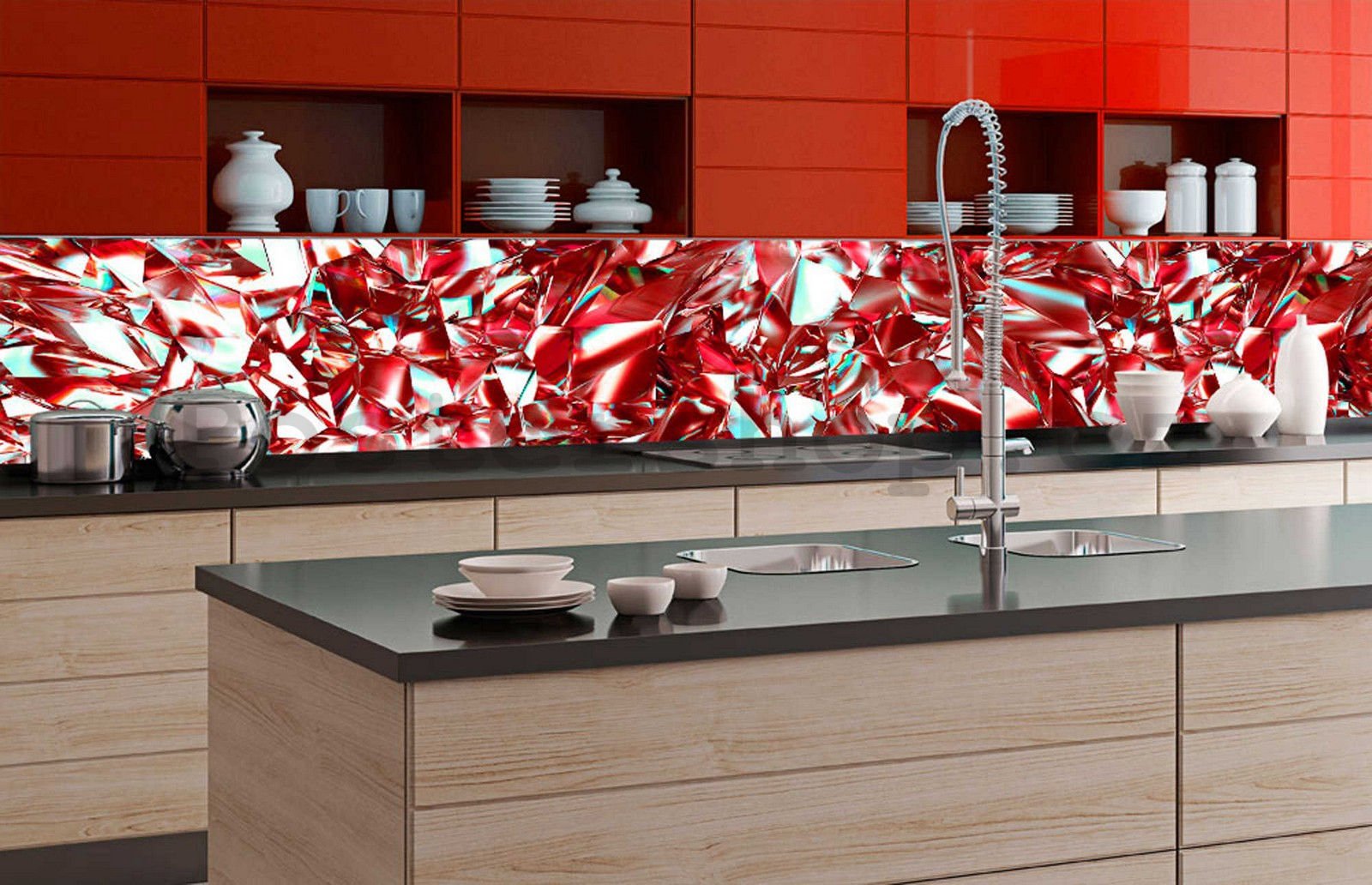 Samolepící omyvatelná tapeta za kuchyňskou linku - Červené krystaly, 350x60 cm