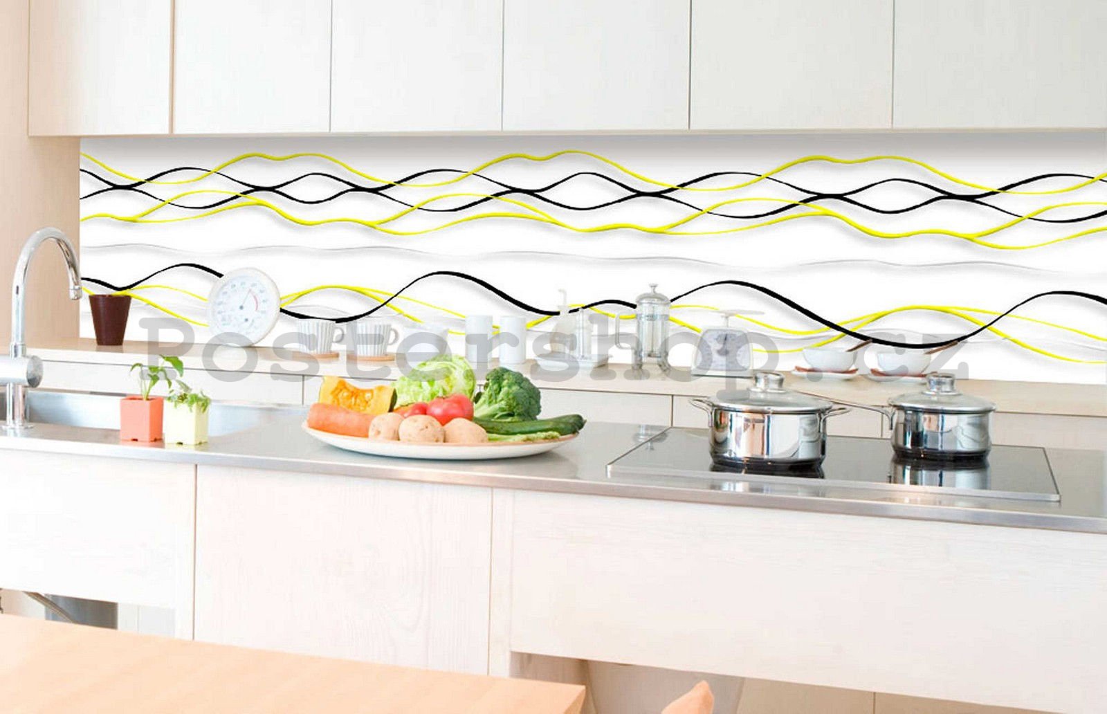 Samolepící omyvatelná tapeta za kuchyňskou linku - Černé a žluté vlnky, 350x60 cm