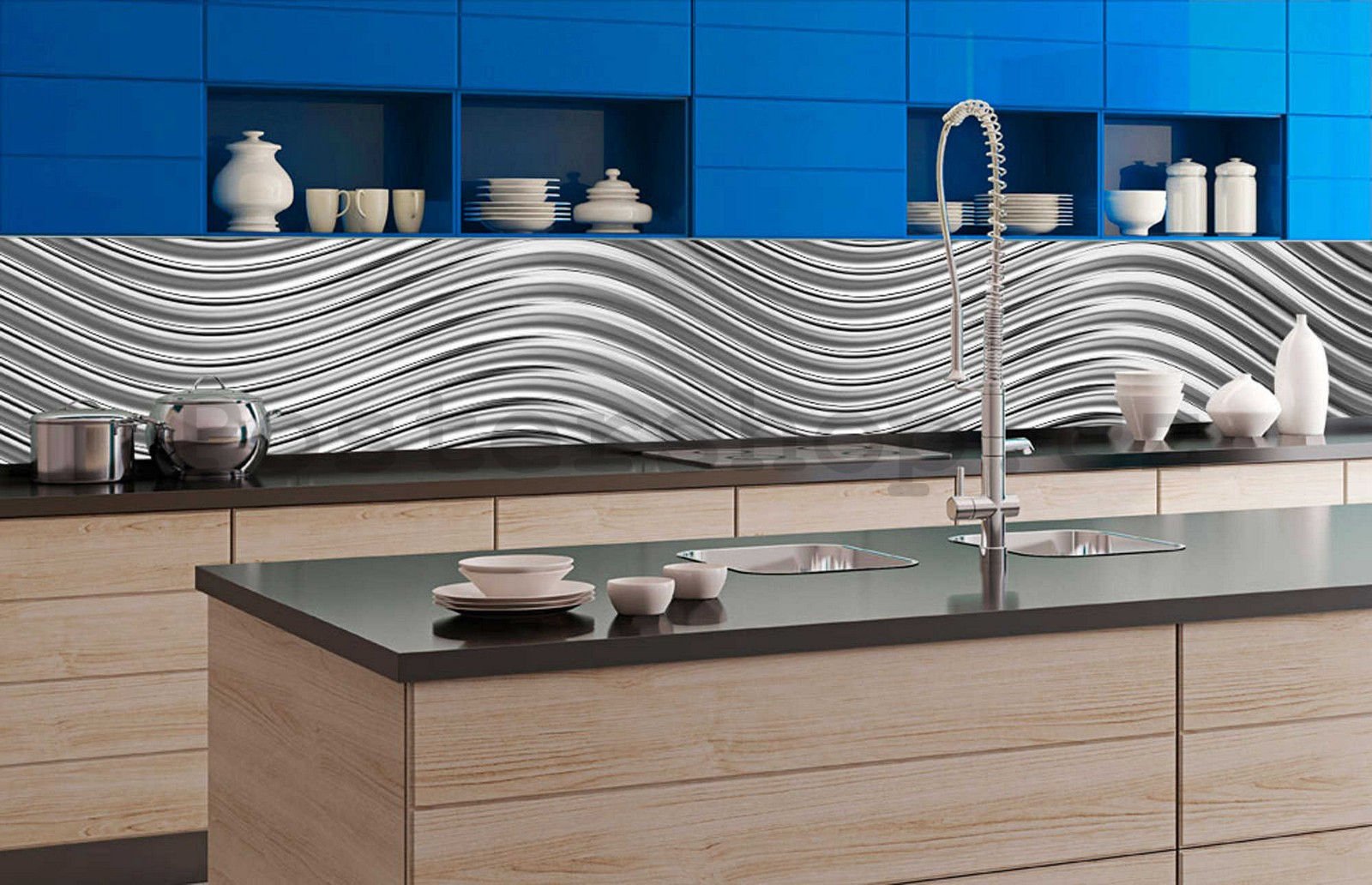Samolepící omyvatelná tapeta za kuchyňskou linku - Stříbrné vlnky, 350x60 cm