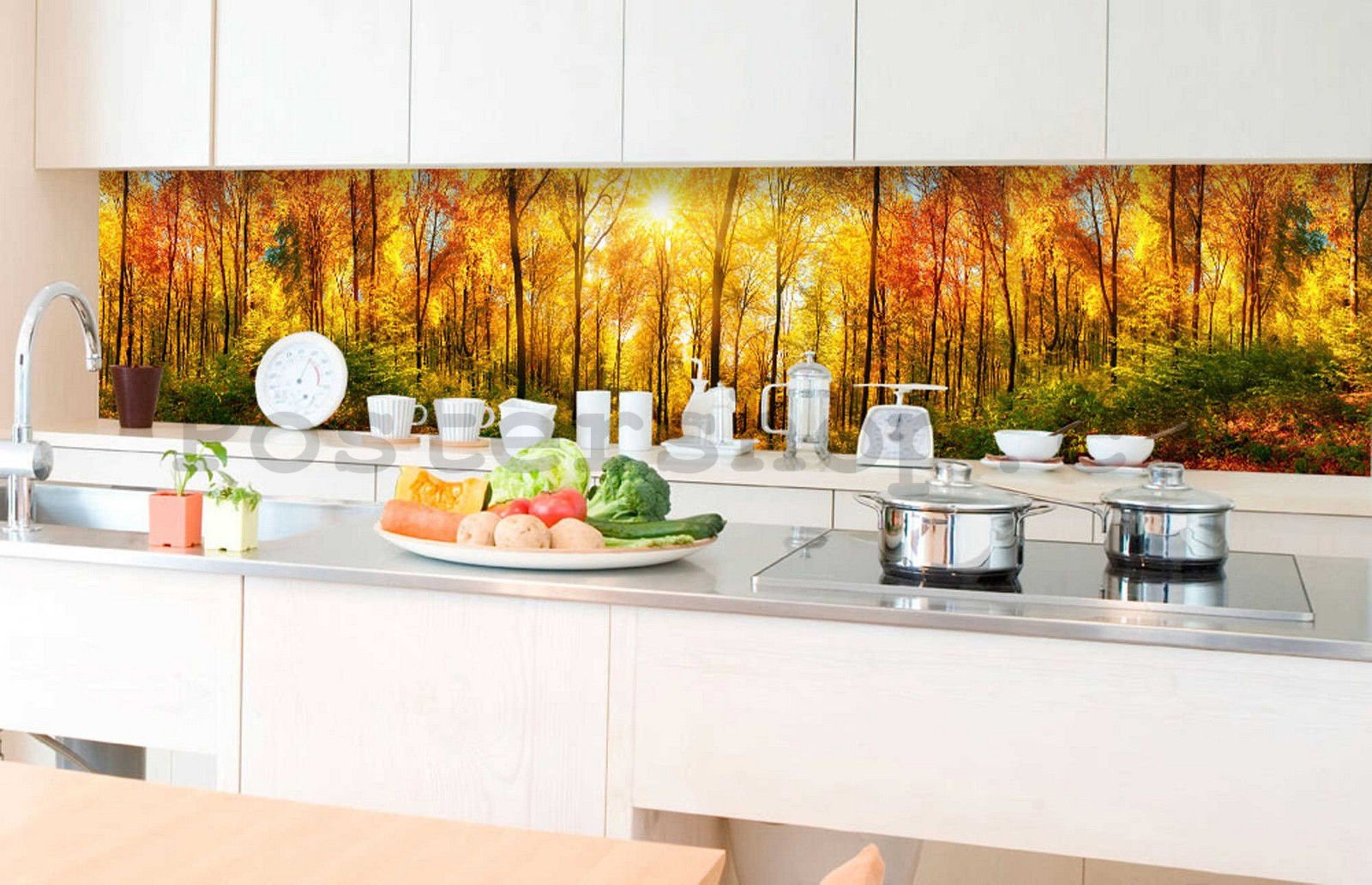 Samolepící omyvatelná tapeta za kuchyňskou linku - Podzimní slunce v lese, 350x60 cm