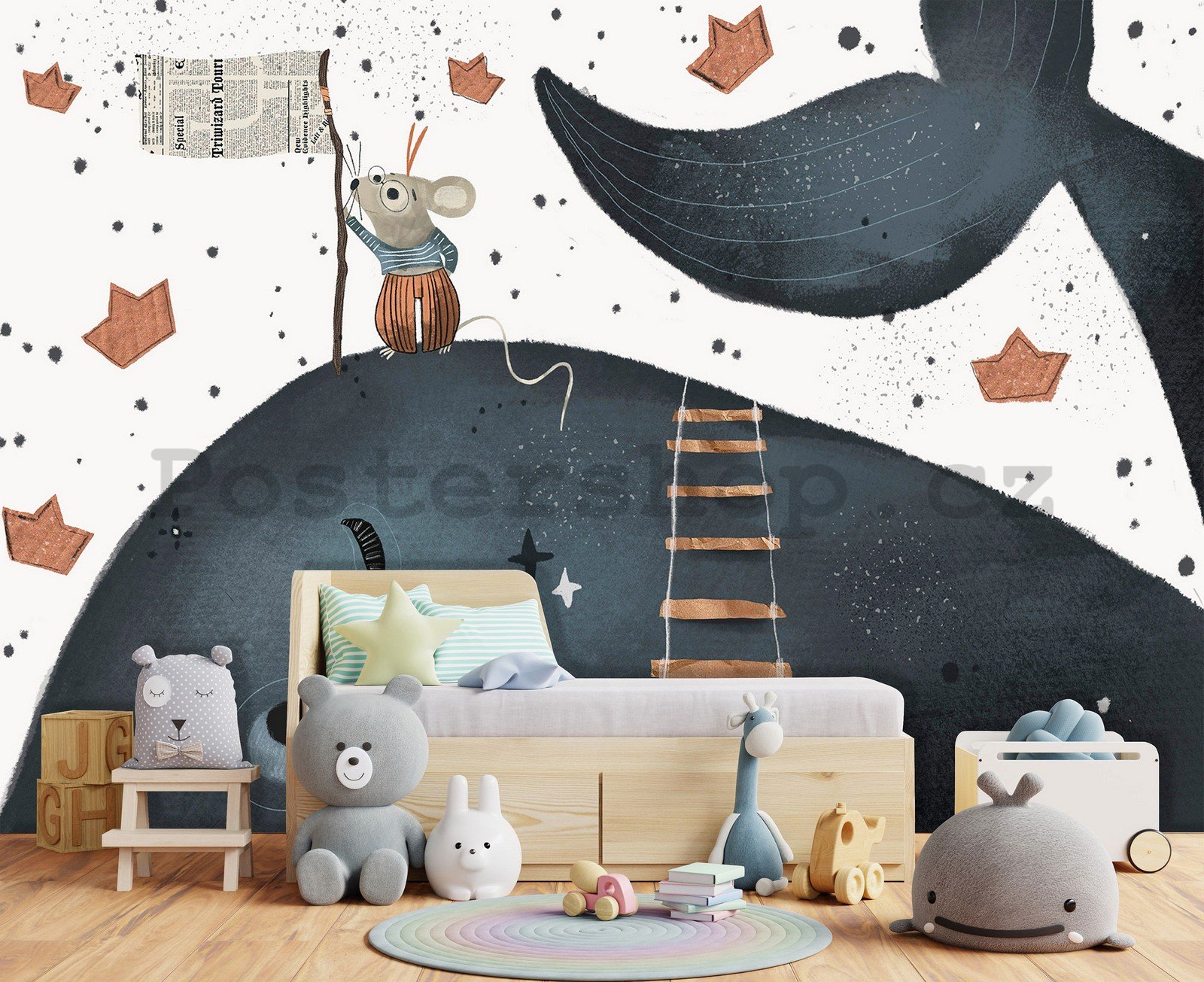Fototapeta vliesová: Dětská tapeta velryba a myš - 254x184 cm