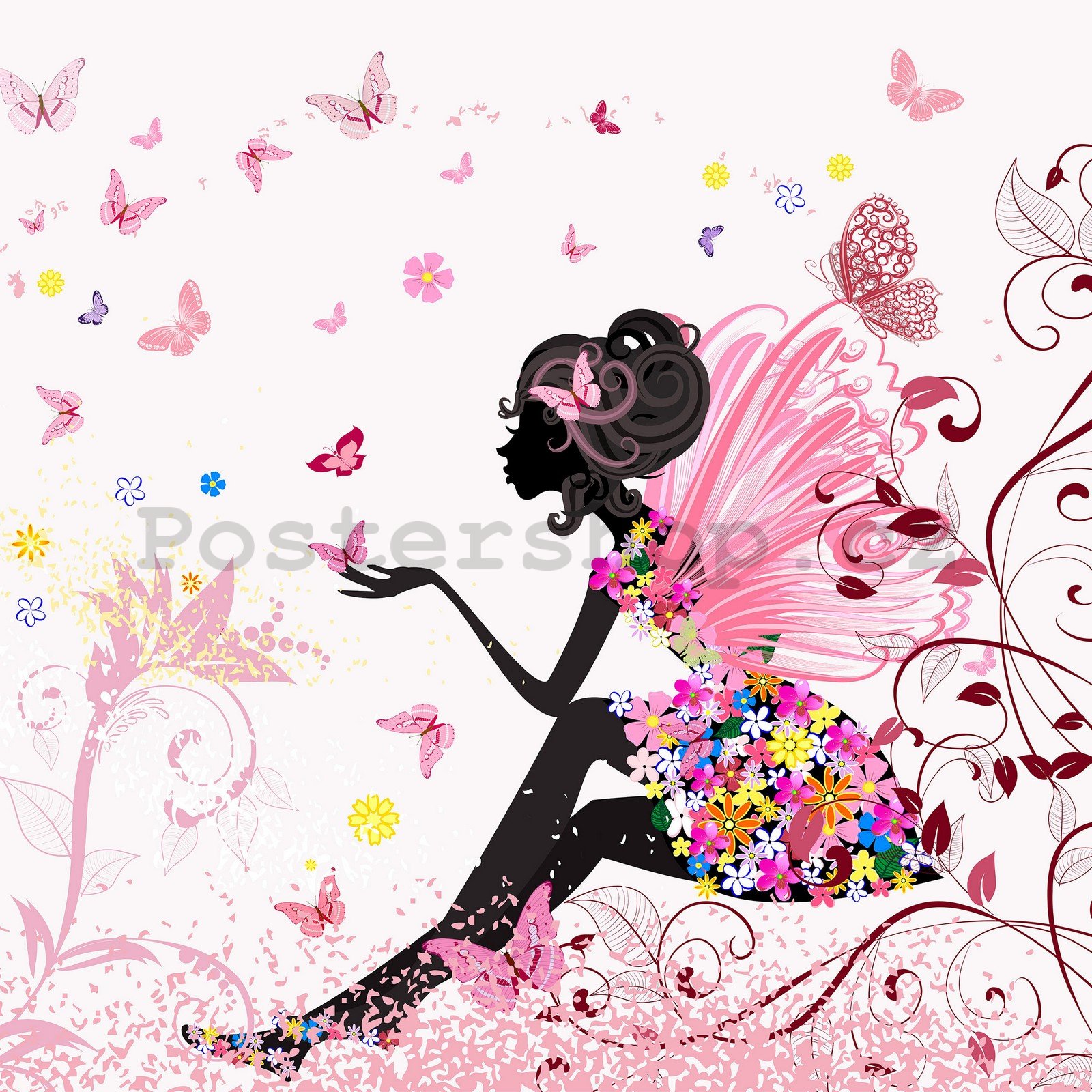 Fototapeta vliesová: Dívka s květinami a motýli - 254x184 cm