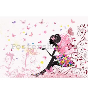 Fototapeta vliesová: Dívka s květinami a motýli - 254x184 cm