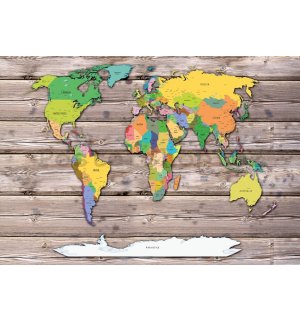 Fototapeta vliesová: Barevná mapa světa na dřevě - 368x280 cm