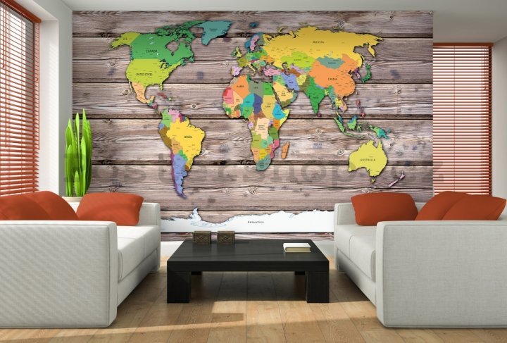 Fototapeta vliesová: Barevná mapa světa na dřevě - 368x280 cm