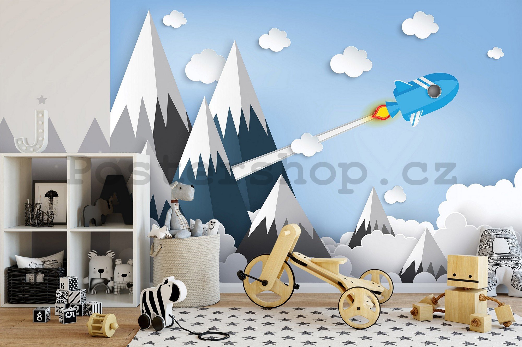 Fototapeta vliesová: Dětská raketa nad horami - 104x70,5 cm