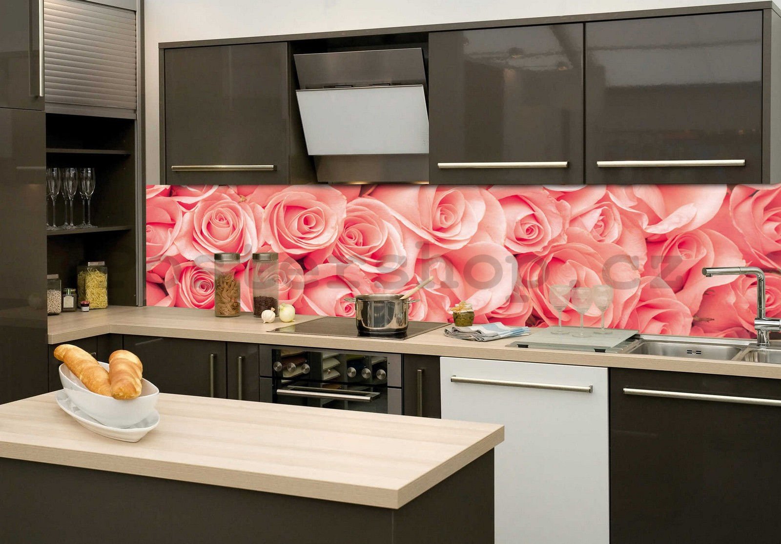 Samolepící omyvatelná tapeta za kuchyňskou linku - Růžové růže, 260x60 cm