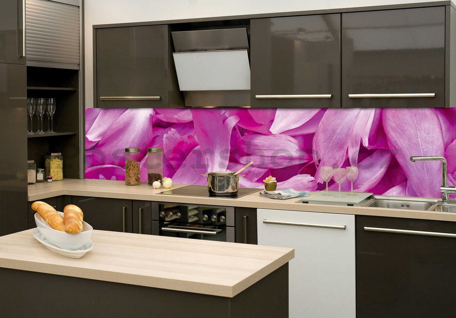 Samolepící omyvatelná tapeta za kuchyňskou linku - Lístky fialek, 260x60 cm