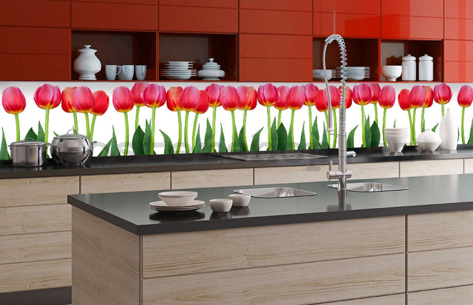Samolepící omyvatelná tapeta za kuchyňskou linku - Červené tulipány, 350x60 cm