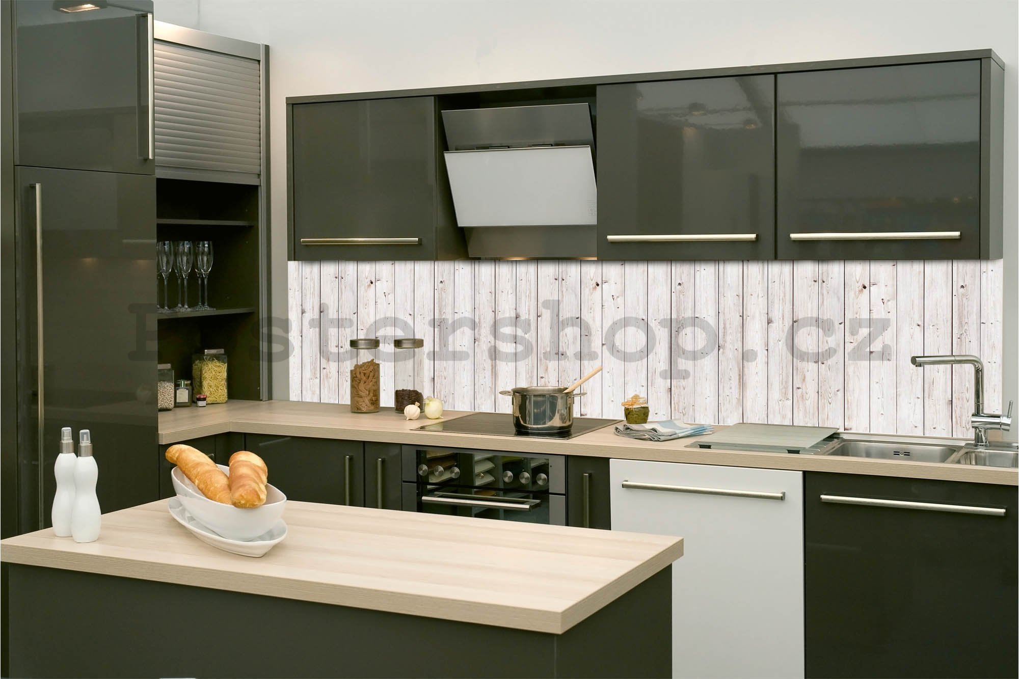 Samolepící omyvatelná tapeta za kuchyňskou linku - Bílá dřevěná stěna, 260x60 cm