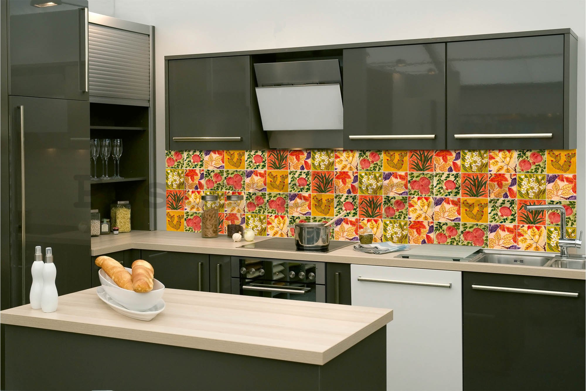 Samolepící omyvatelná tapeta za kuchyňskou linku - Malované dlaždice, 260x60 cm
