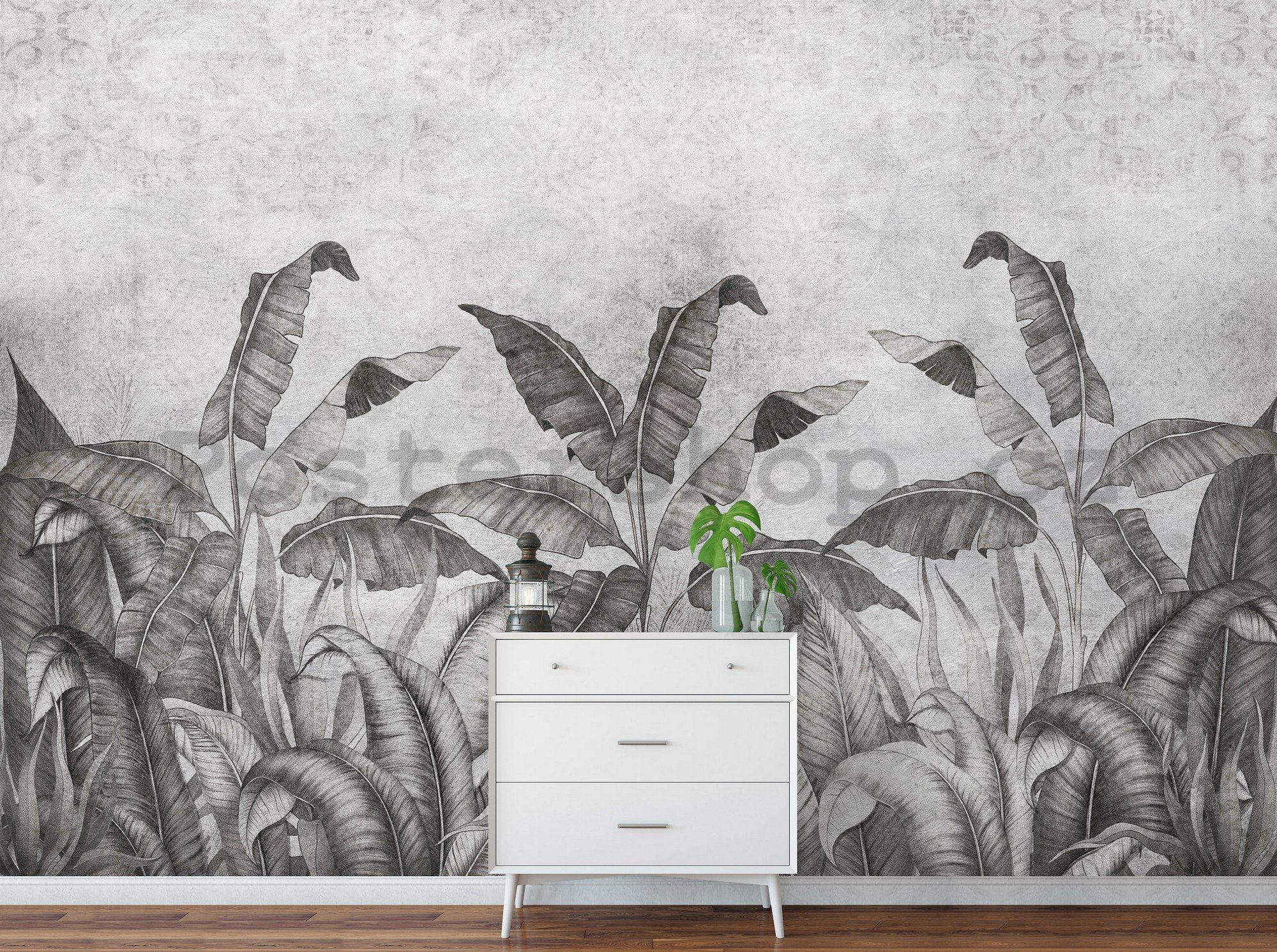 Fototapeta vliesová: Imitace přírodních listů černobílé (2) - 254x184 cm