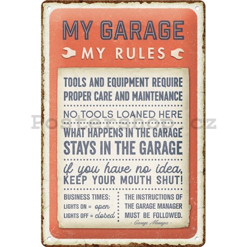 Plechová cedule: My garage, My rules - 30x20 cm