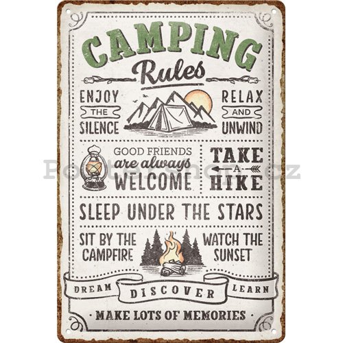 Plechová cedule: Camping rules - 30x20 cm