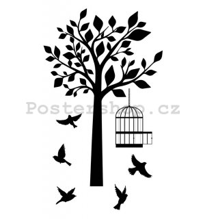 Samolepka na zeď - Ptáci a strom (stíny)