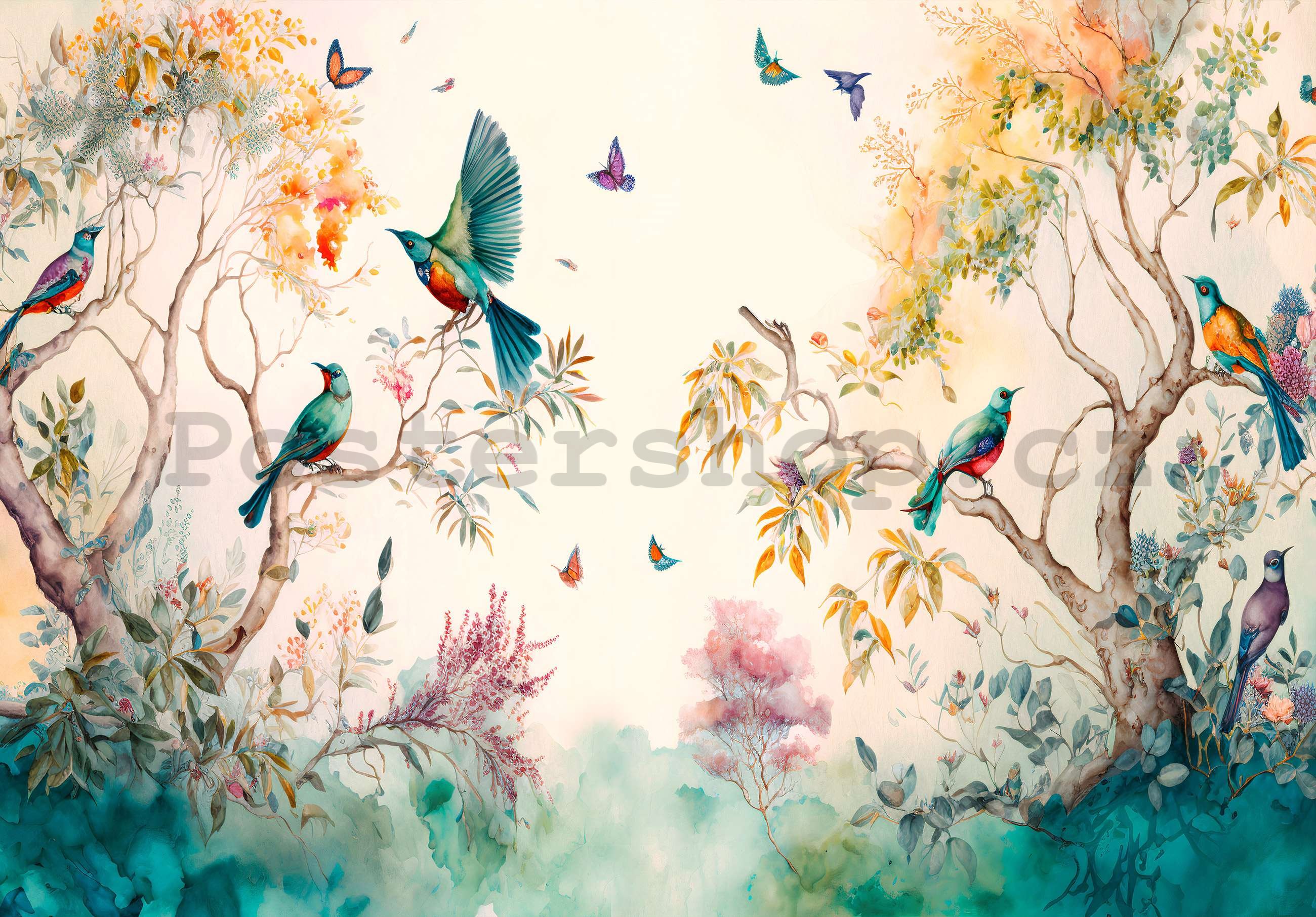 Fototapeta vliesová: Ptáci na stromech (malované)  - 254x184 cm