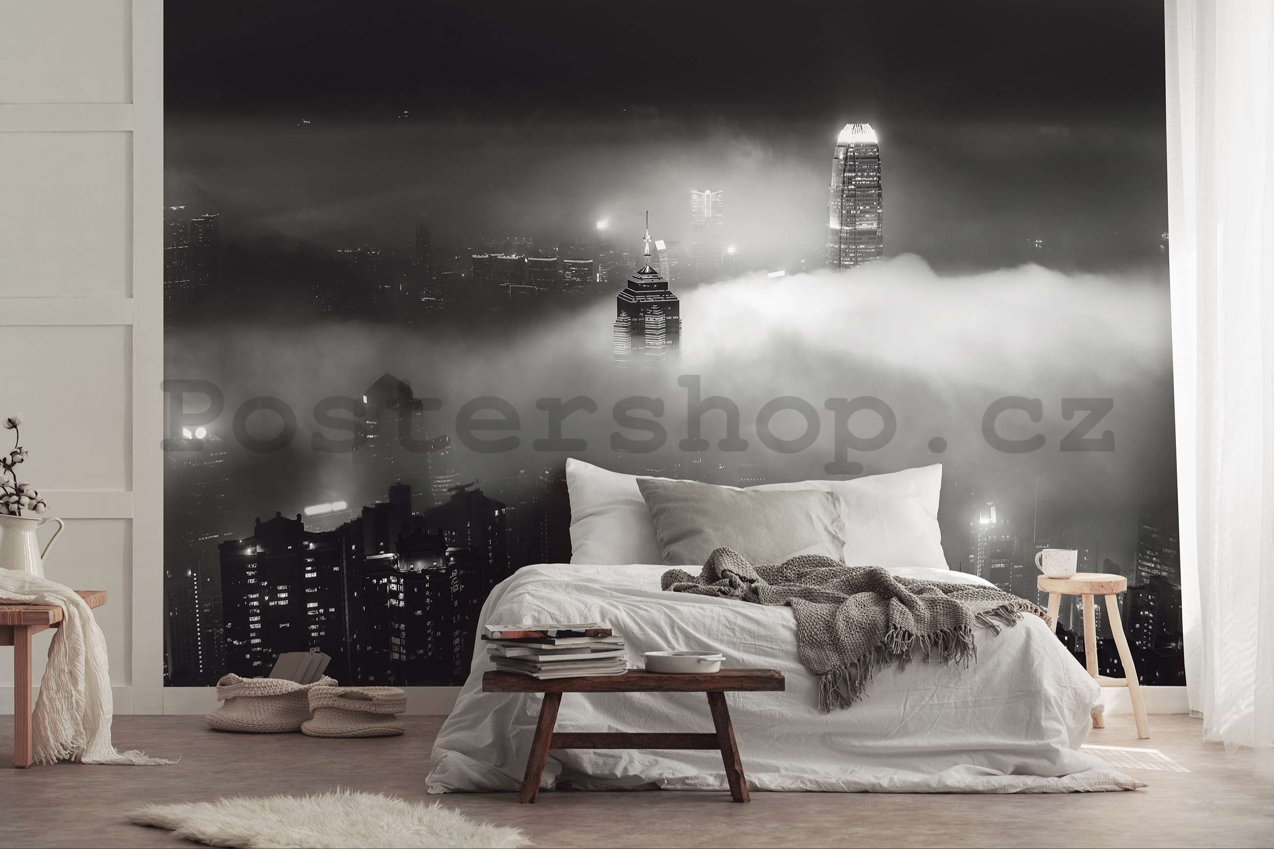 Fototapeta vliesová: Noční velkoměsto v mlze (černobílý) - 254x184 cm