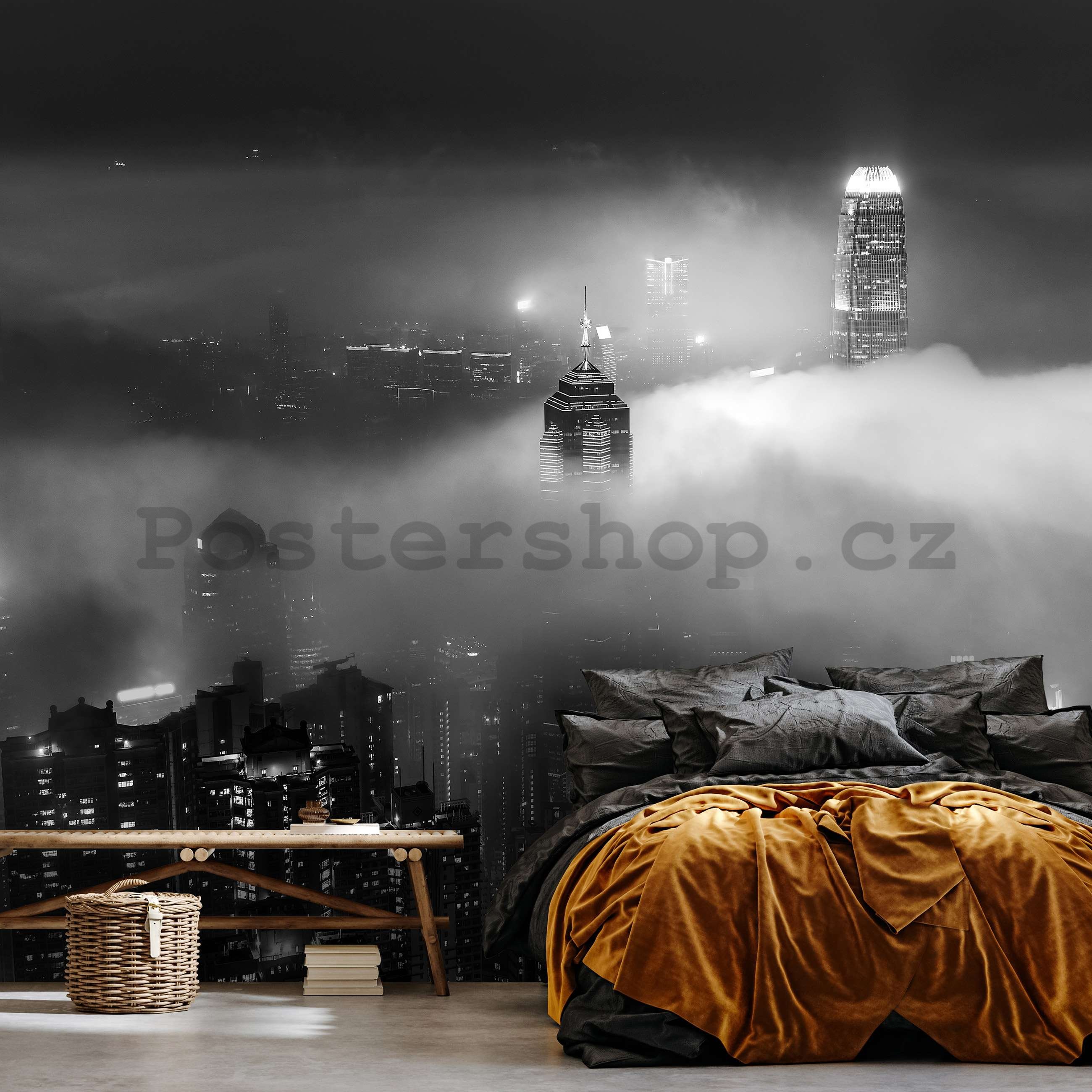 Fototapeta vliesová: Noční velkoměsto v mlze (černobílý) - 254x184 cm