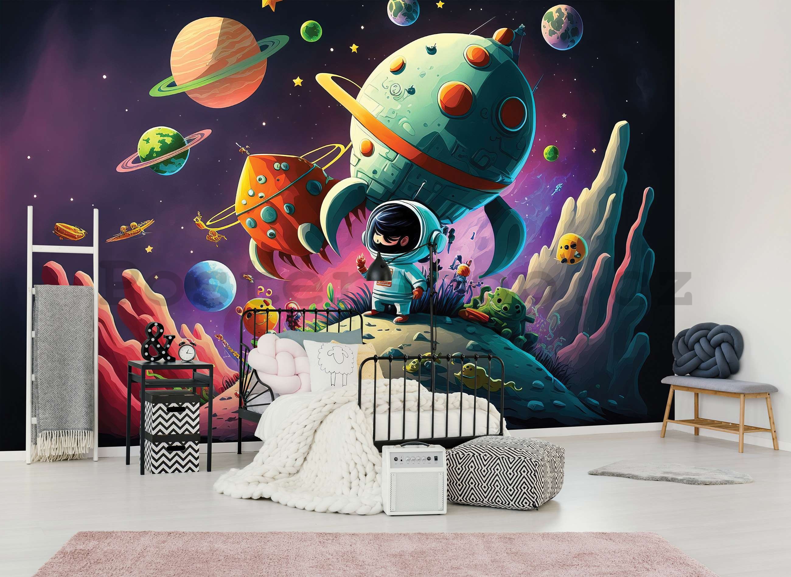 Fototapeta vliesová: Dětská tapeta astronaut a vesmír - 254x184 cm
