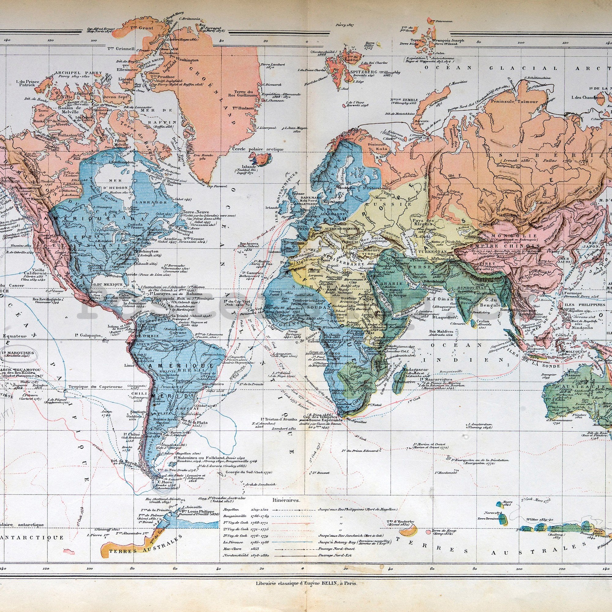 Fototapeta vliesová: Francouzská mapa světa (Vintage) - 254x184 cm