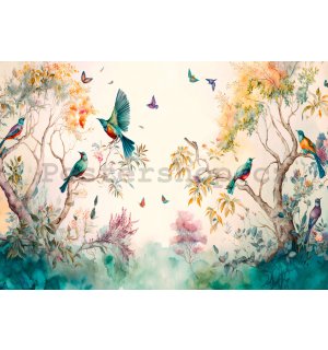 Fototapeta vliesová: Ptáci na stromech (malované)  - 368x254 cm