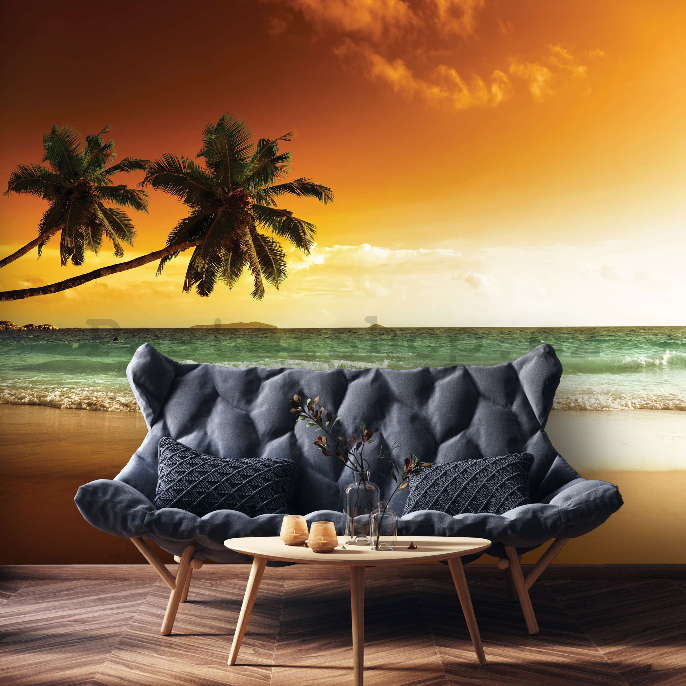 Fototapeta vliesová: Palmy a pláž při západu slunce - 368x254 cm