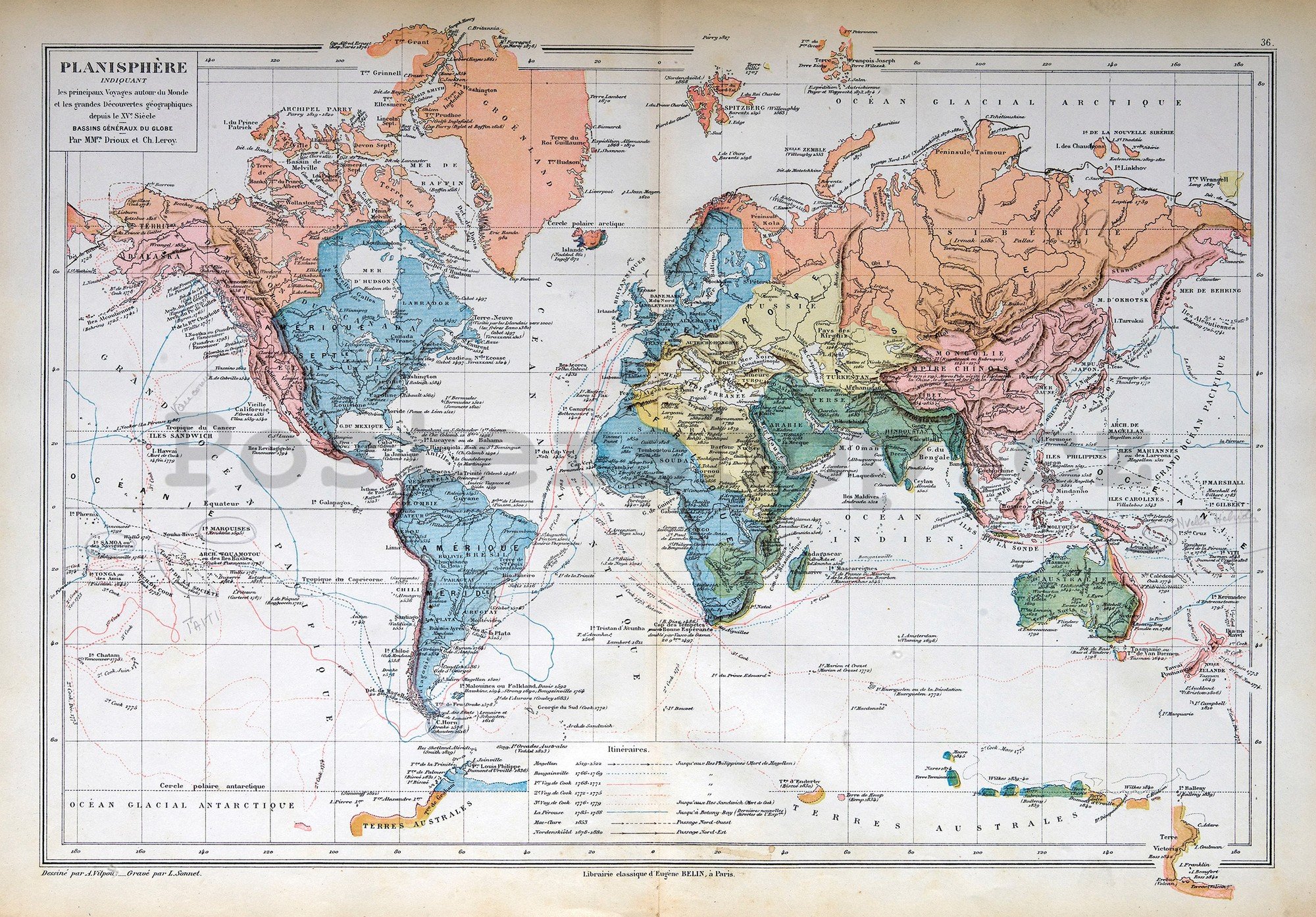Fototapeta vliesová: Francouzská mapa světa (Vintage) - 368x254 cm