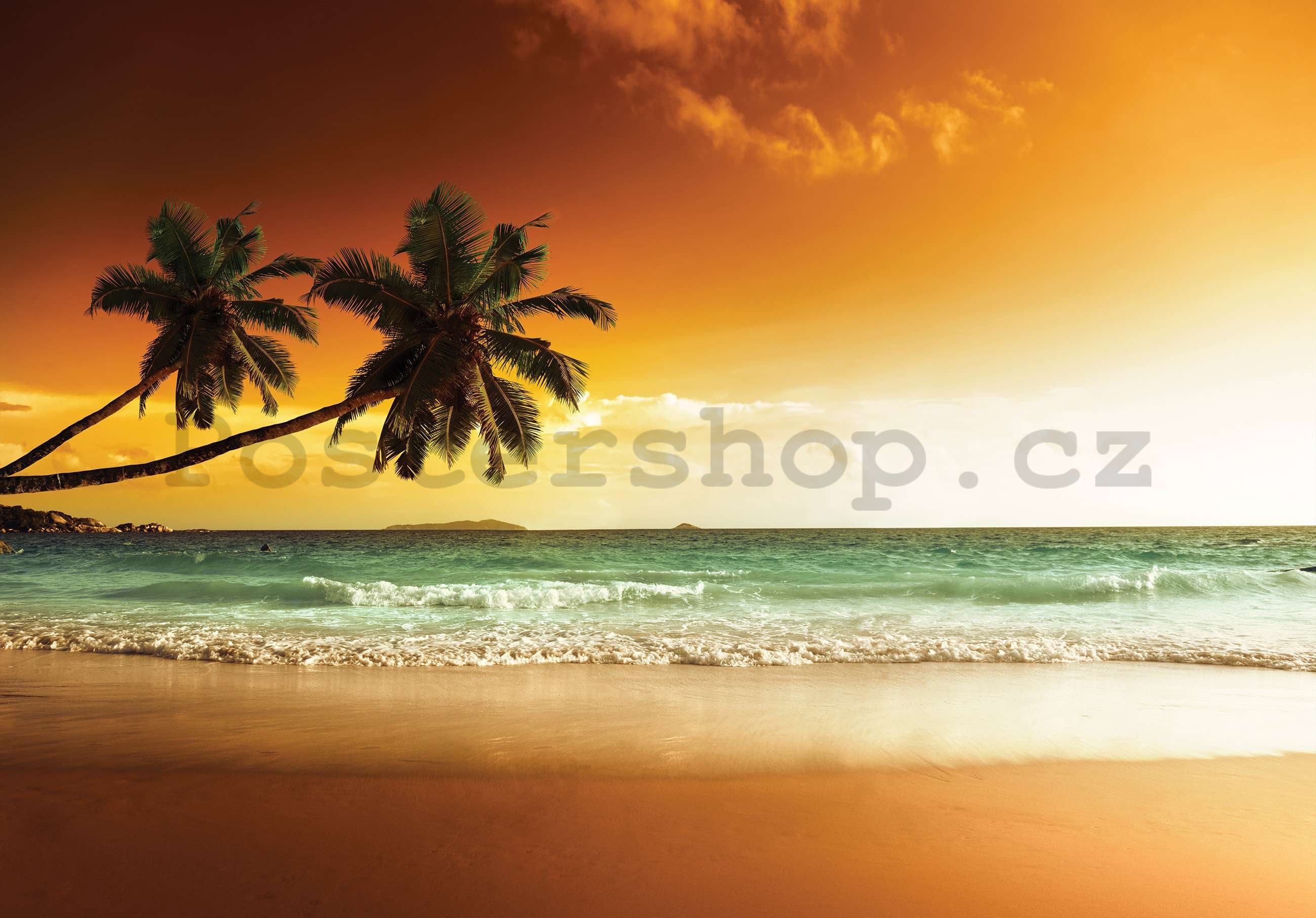 Fototapeta vliesová: Palmy a pláž při západu slunce - 152,5x104 cm