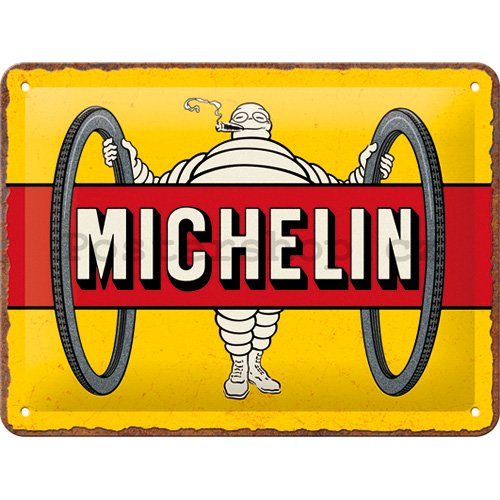 Plechová cedule: Michelin - Tyres Bibendum Yellow - 20x15 cm