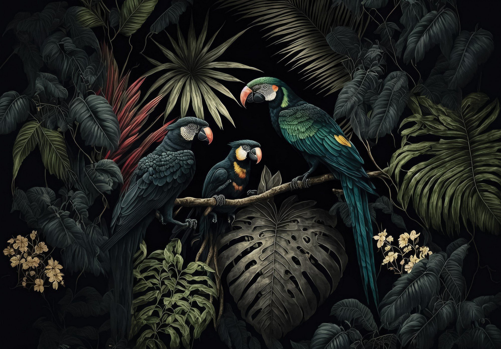 Fototapety vliesové: Nature jungle parrots leaves - 254x184 cm
