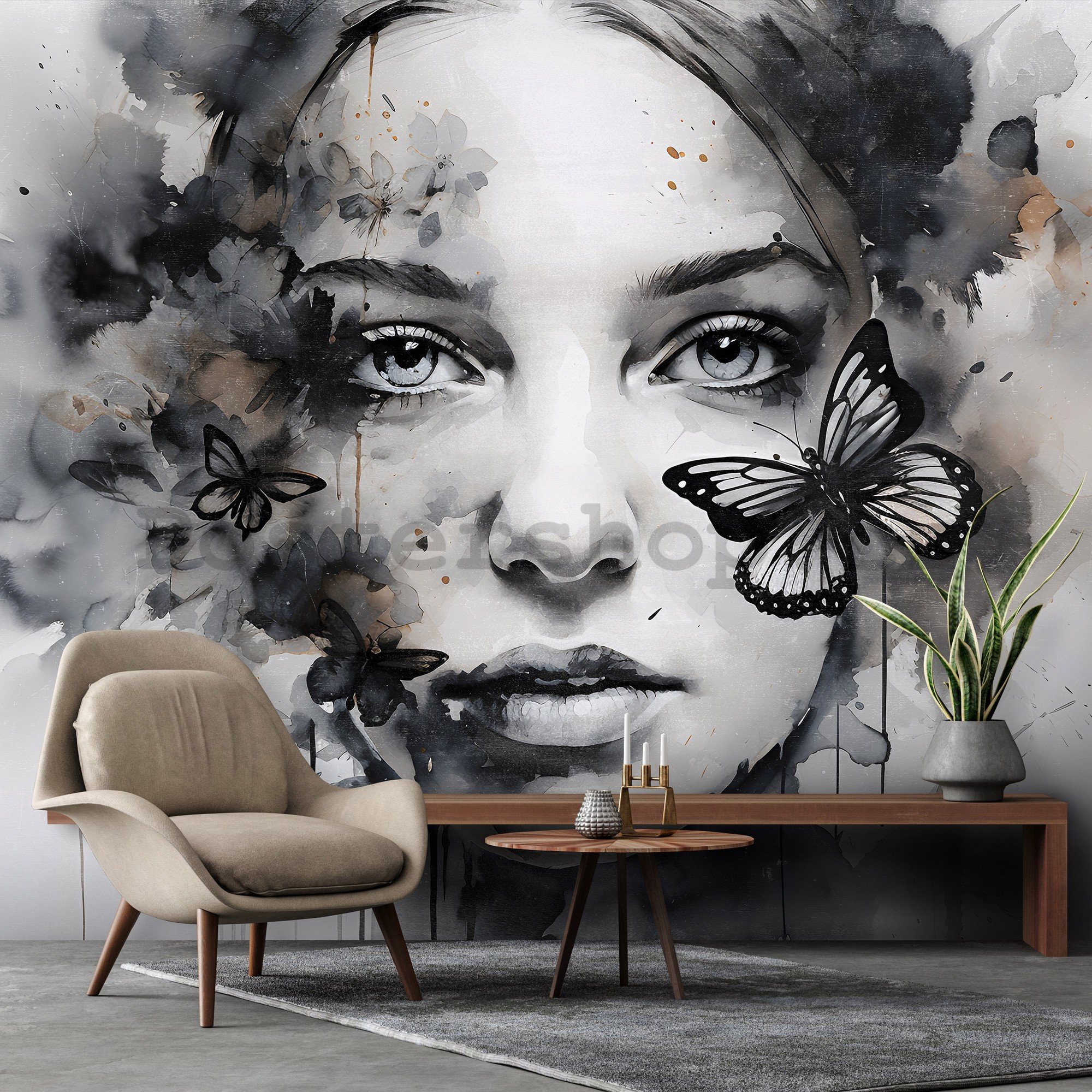 Fototapety vliesové: Art watercolour woman butterfly (1) - 368x254 cm