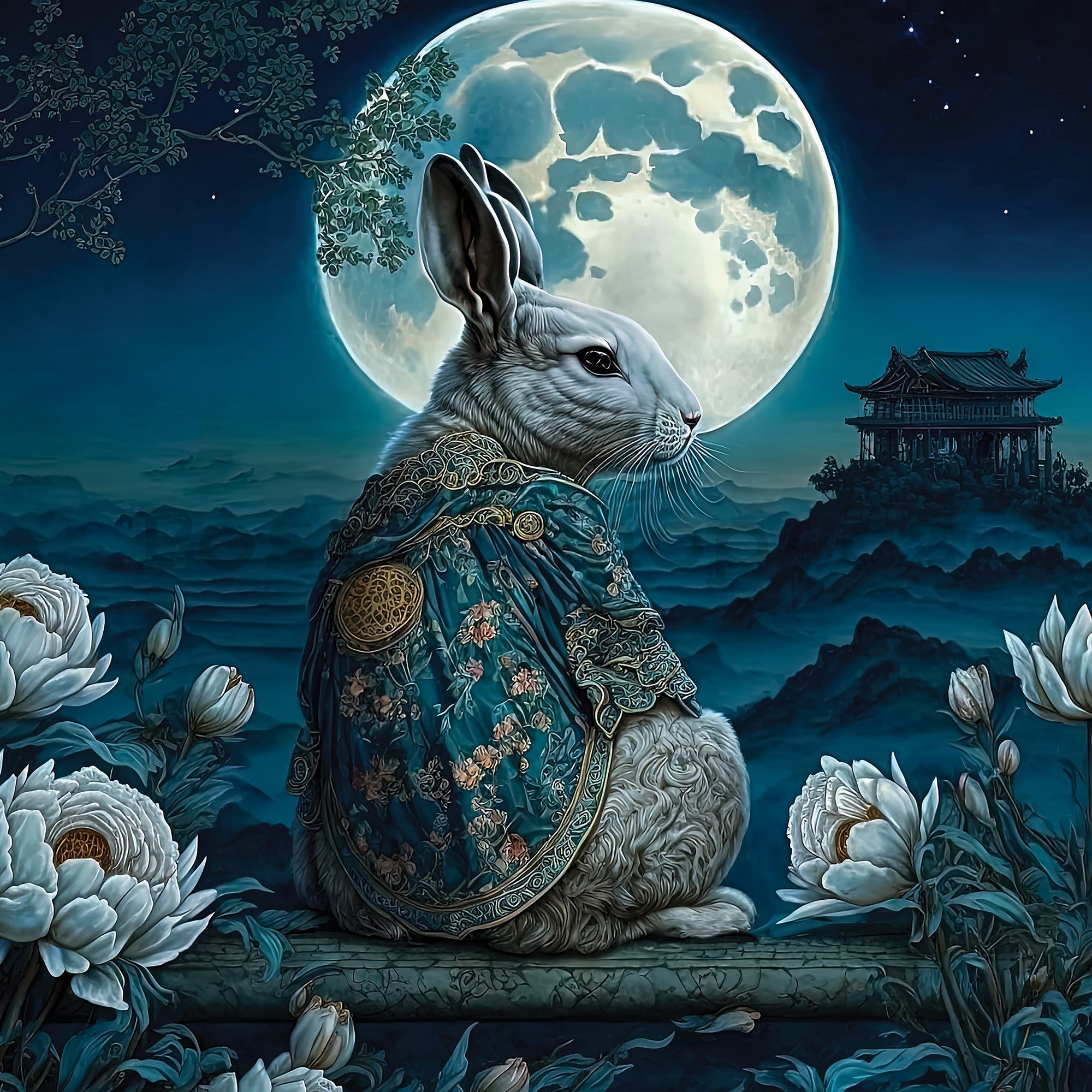 Fototapety vliesové: Art Orient rabbit moon - 368x254 cm