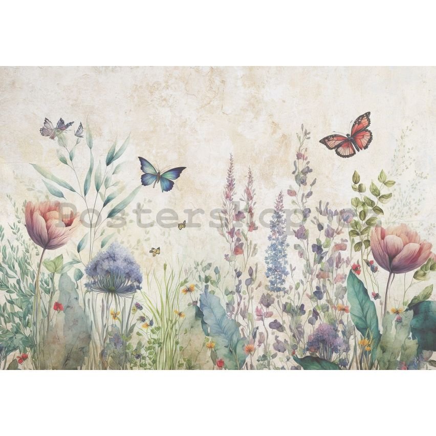 Fototapety vliesové: Nature meadow flowers butterflies - 368x254 cm
