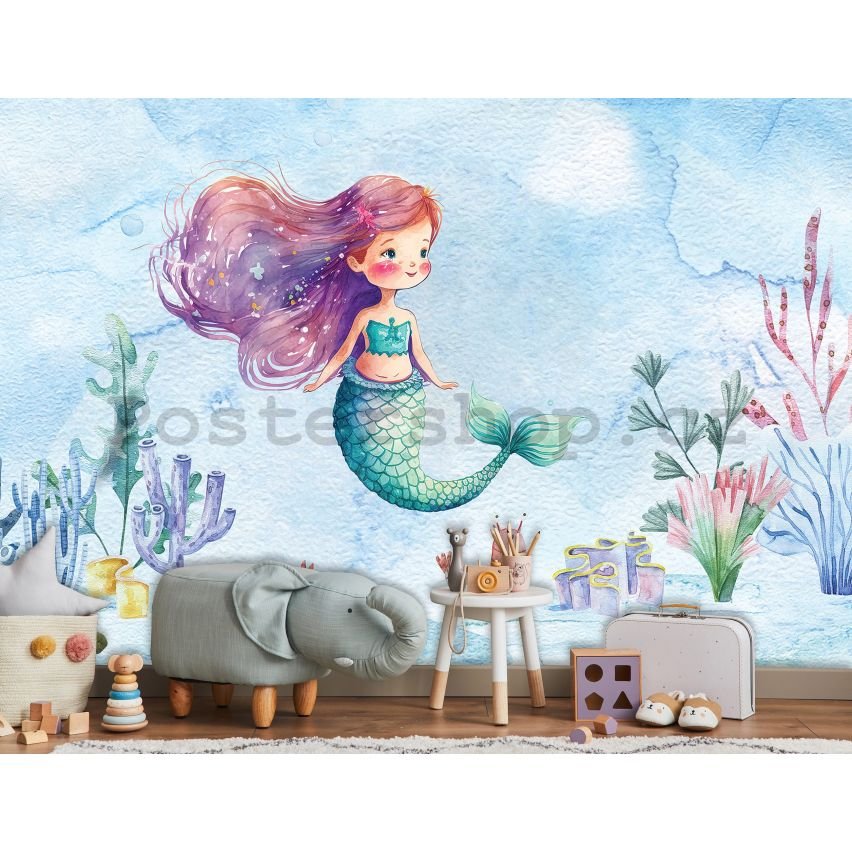 Fototapety vliesové: For kids mermaid watercolour - 368x254 cm