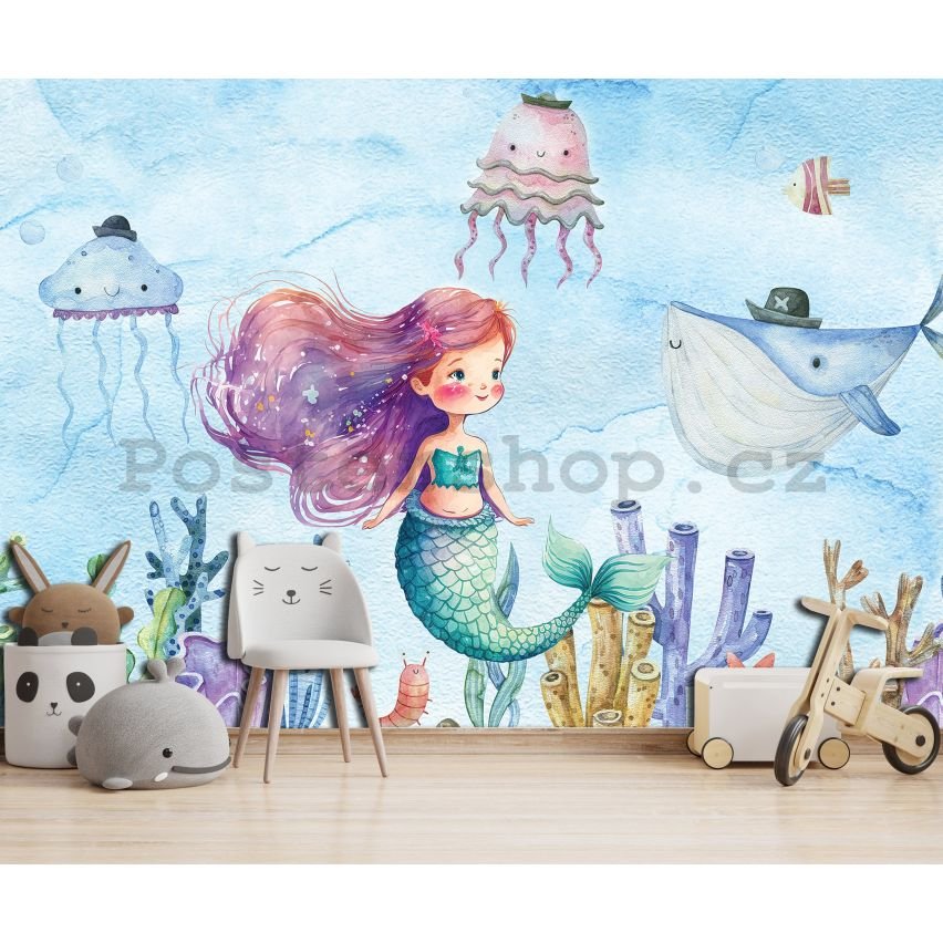 Fototapety vliesové: For kids mermaid watercolour (1) - 368x254 cm