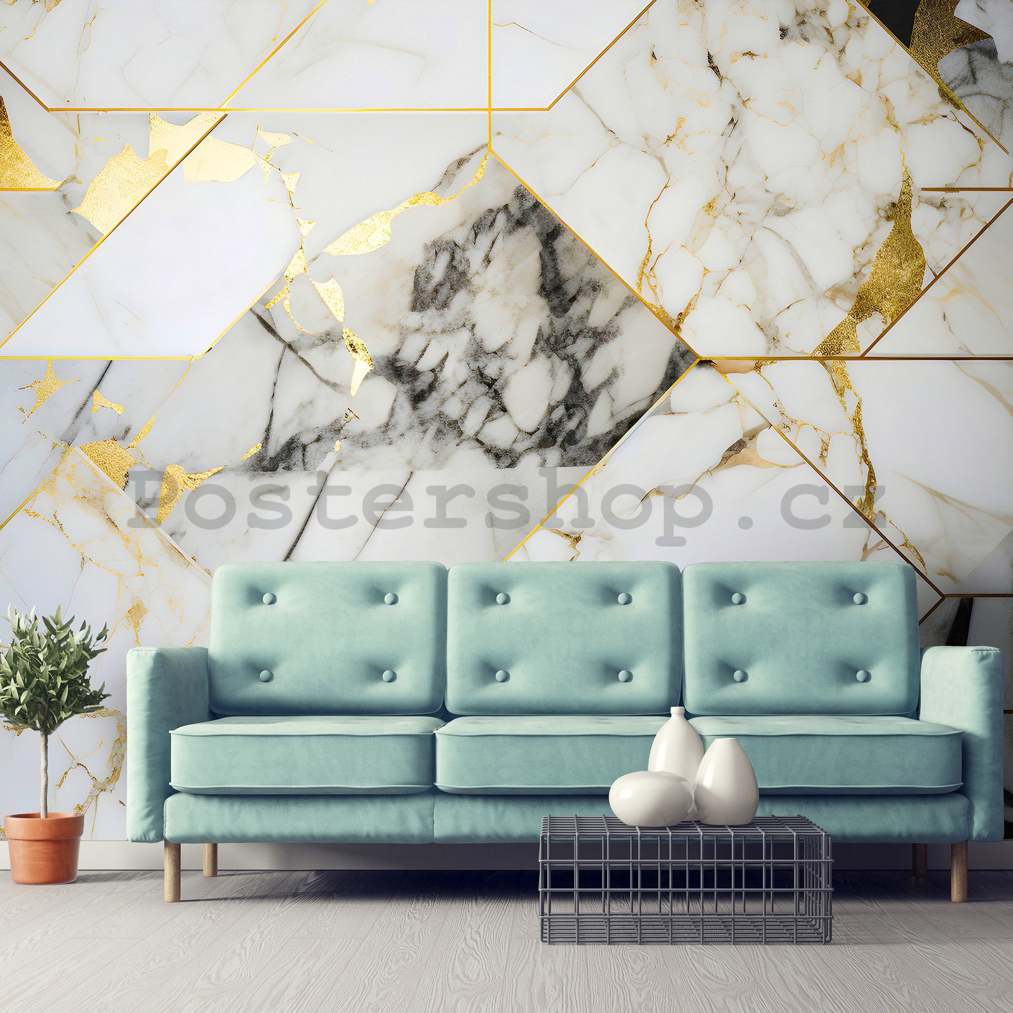Fototapeta vliesová: Imitation marble gold geometry - 152,5x104 cm