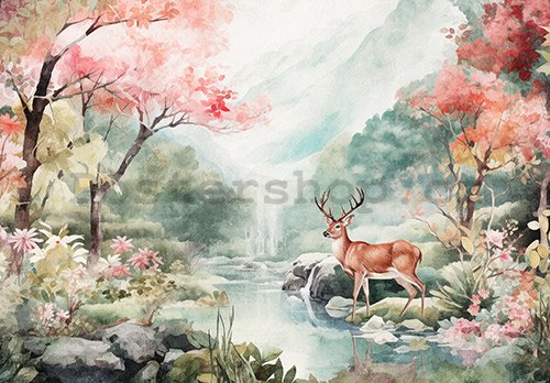 Fototapeta vliesová: Landscape Painted Forest Deer - 104x70,5 cm
