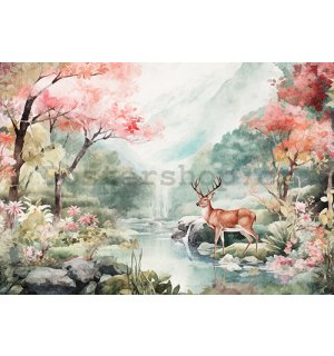 Fototapeta vliesová: Landscape Painted Forest Deer - 312x219cm