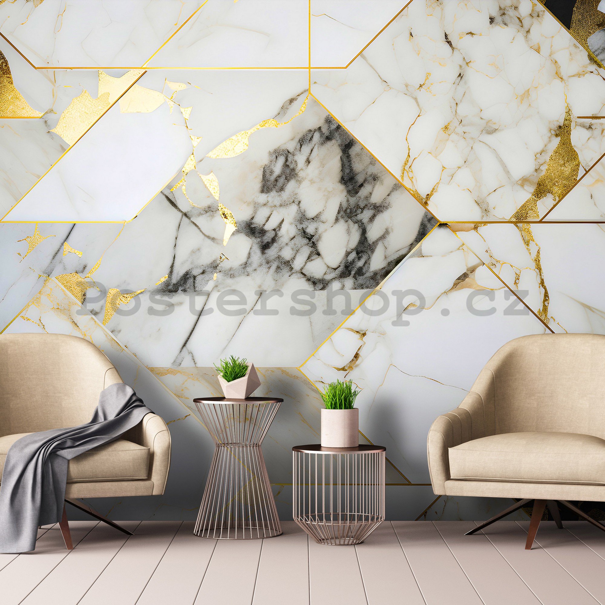 Fototapeta vliesová: Imitation marble gold geometry - 416x254 cm